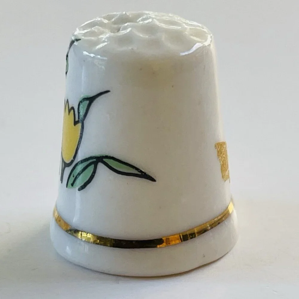 Spring Flowers Porcelain Thimble Tulip Gold Trim Floral Yellow Orange Decor Item